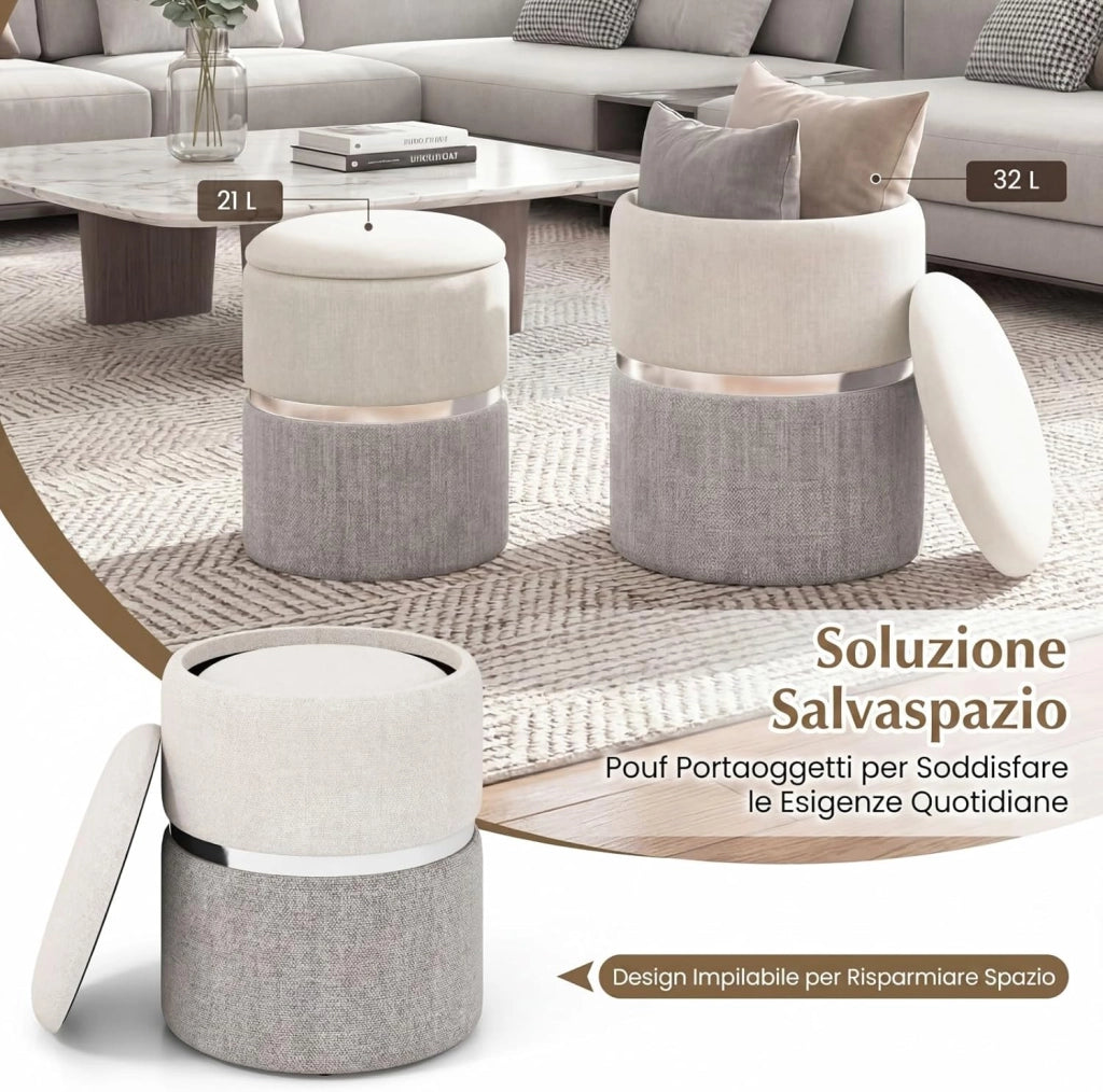 Set di 2 Pouf Contenitore in Velluto, Pouf Rotondi Imbottiti da 32L +21L, Sgabelli con Contenitore per Soggiorno, Camera da Letto, Portata 150 kg (Grigio)