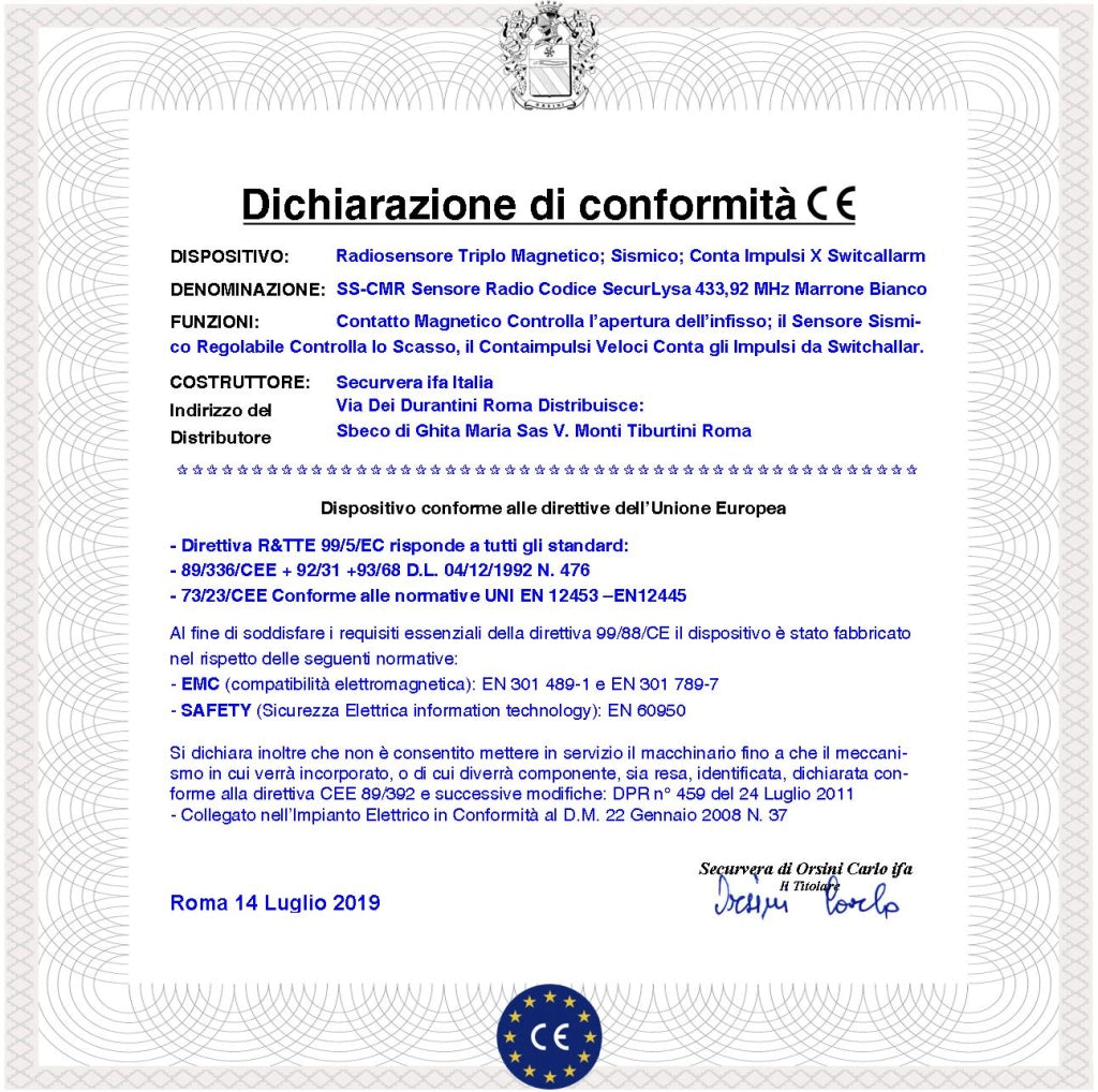 Rilevatore Magnetico Wireless Fr. 433,92 MHz Sismico Regolabile Tre Pezzi Con Ingresso Sensori Antifurto Remoti NC Contaimpulsi Per Switchallarm Codice SecurLysa Anticollisione Rileva Trapano e Scasso