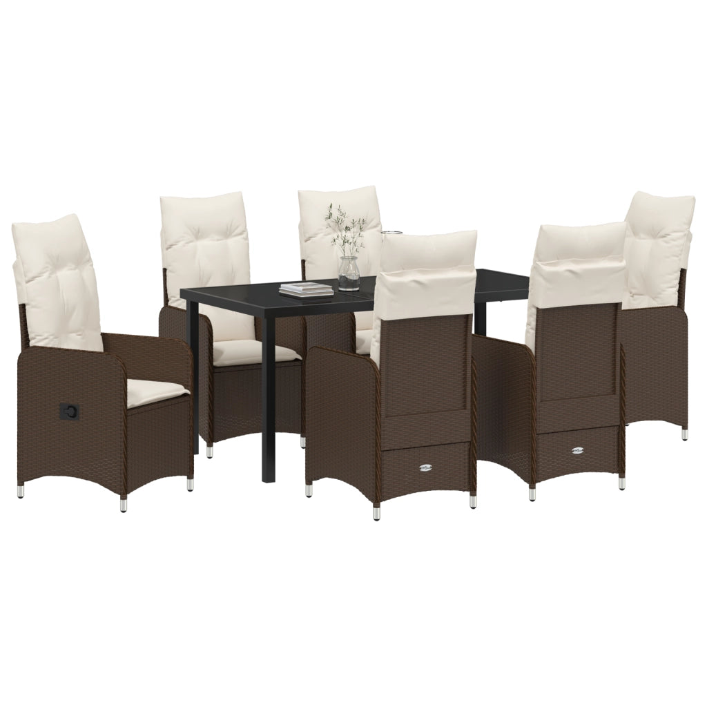 Set da Pranzo per Giardino 7 Pezzi con Cuscini Marrone in Polyrattan