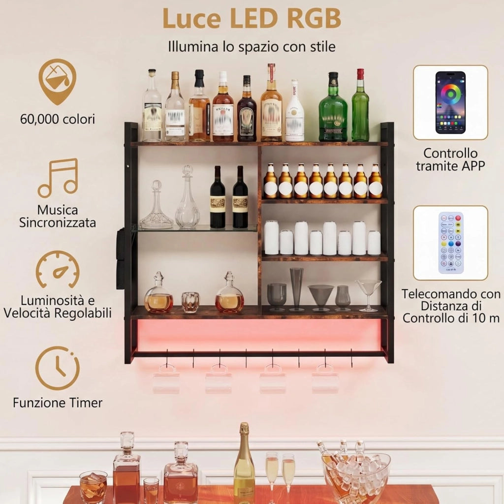 Mensola da Parete 107 cm, Scaffale a 6 Livelli con Luci LED, Controllo Remoto e APP, 8 Ganci a S e Tasca Laterale Rimovibile, Espositori per Bar Cucina Salotto Bagno