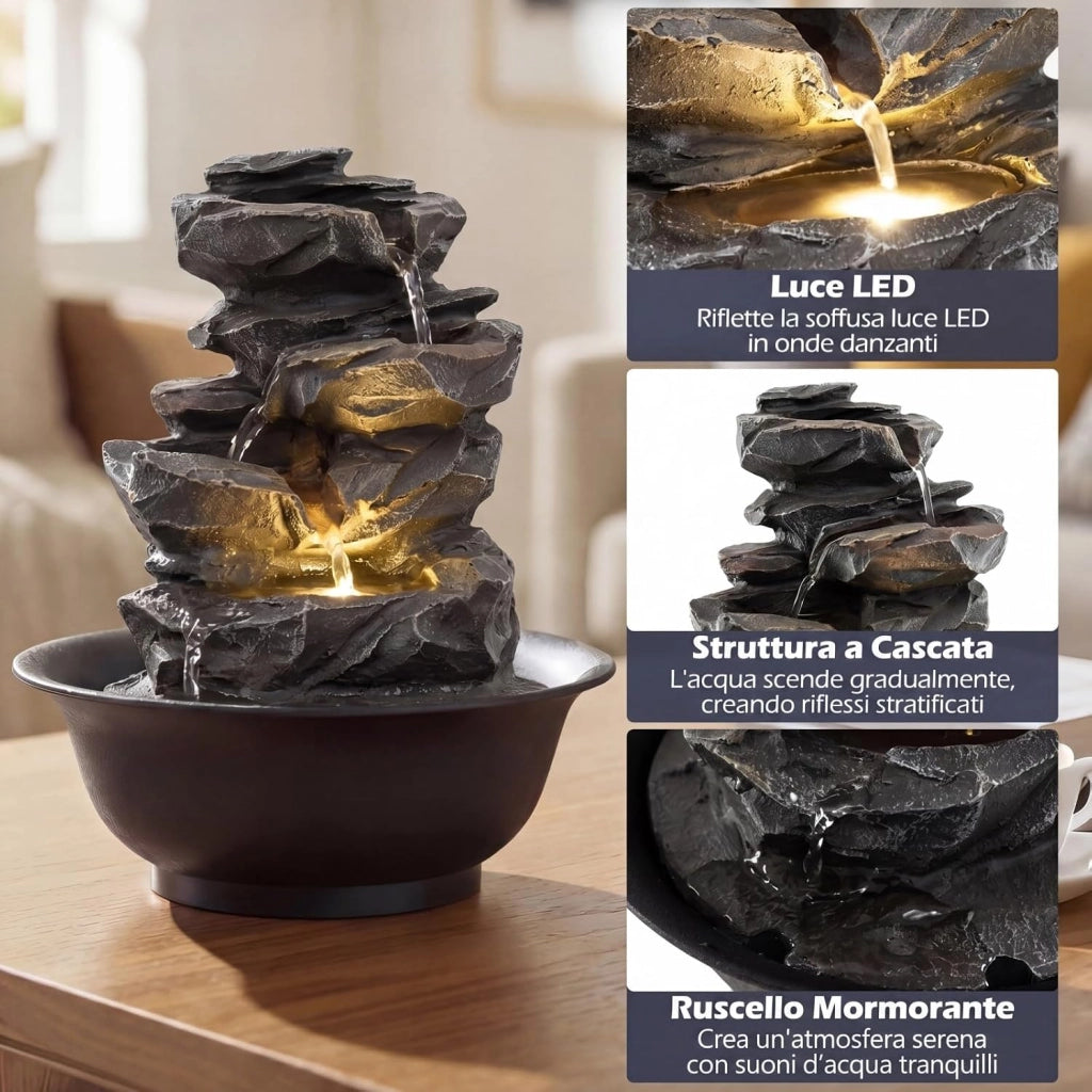 Fontana Zen da Interno, Fontana da Tavolo a Cascata con Luce LED, Pompa Silenziosa e Velocità dell'Acqua Regolabile, Fontanella Decorativa per Soggiorno, Ufficio e Camera da Letto (Modello 1)