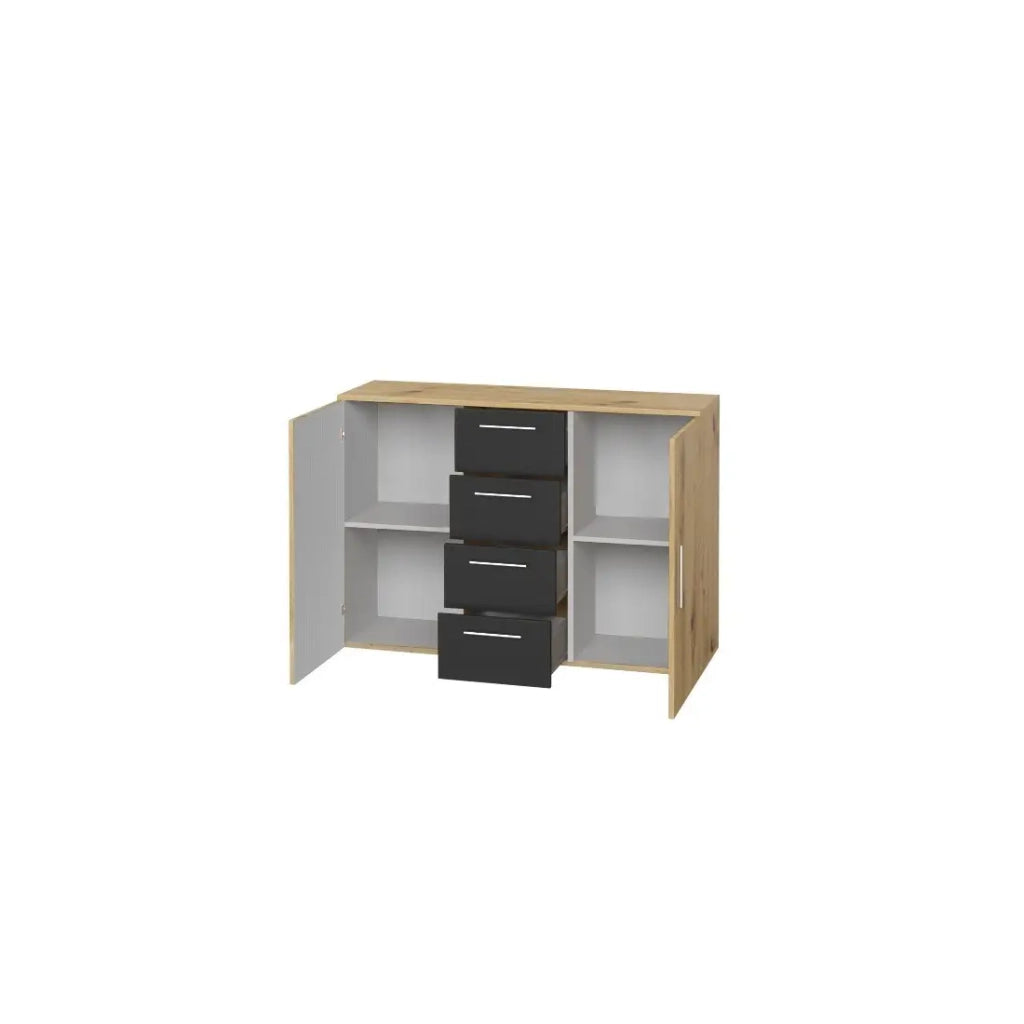 Credenza con 2 ante e 4 cassetti 130cm. Collezione IRINA in imitazione di rovere chiaro e nero.