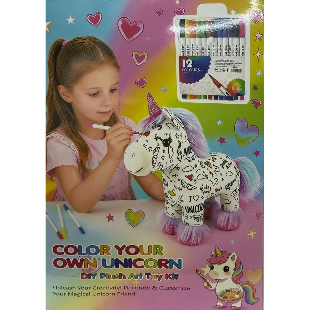 Trade Shop - Kit Peluche Unicorno Da Colorare Con 12 Pennarelli Lavabile Gioco Creativo Per Bambini -