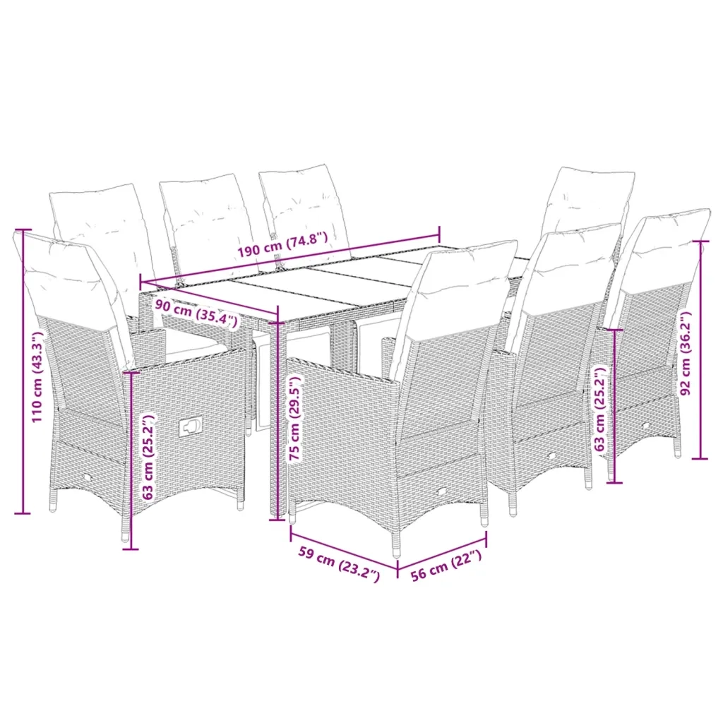 Set da Pranzo da Giardino 9 pz con Cuscini Nero in Polyrattan 3276868