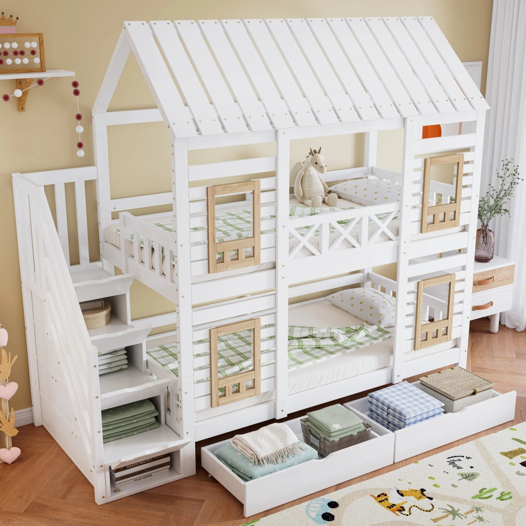 Letto a Castello 90x200 cm; Letto per Bambini - Finestre; 2 Cassetti; Scala 4 Scomparti
