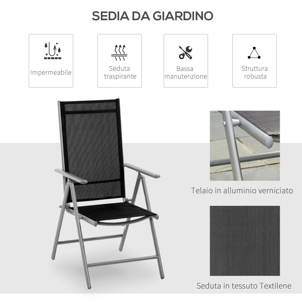 Sedia da Giardino Pieghevole in Alluminio e Texteline Schienale Regolabile ¨C Zephmum ¨C Nero 65x55x85-105cm