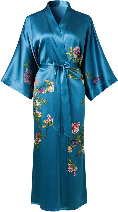 Kimono da notte in seta 100%, con fiori classici, in blu scuro