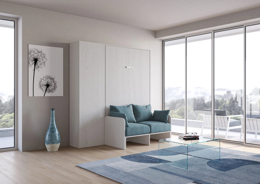 Letto una piazza e mezzo a scomparsa 120 Kentaro con divano e colonna bianco frassino, azzurro