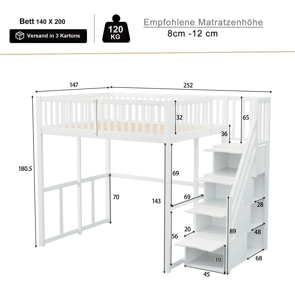 Letto a castello bianco in legno di pino con funzione contenitore 140x200 cm