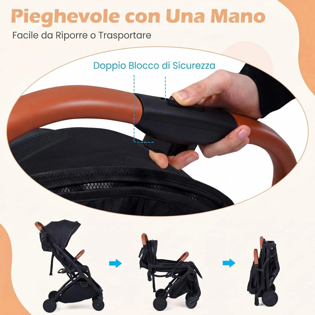 Passeggino Leggero per Neonati con Tettuccio, Schienale e Poggiapiedi Reclinabili, Passeggino Pieghevole con Portabicchieri, Cestello Portaoggetti, per Bambini 0-3 Anni (Nero)