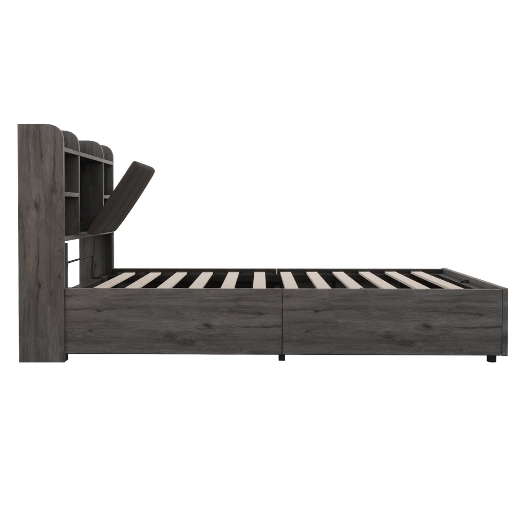 Letto singolo 90x200 cm con contenitore idraulico, USB e USB-C in MDF e compensato grigio