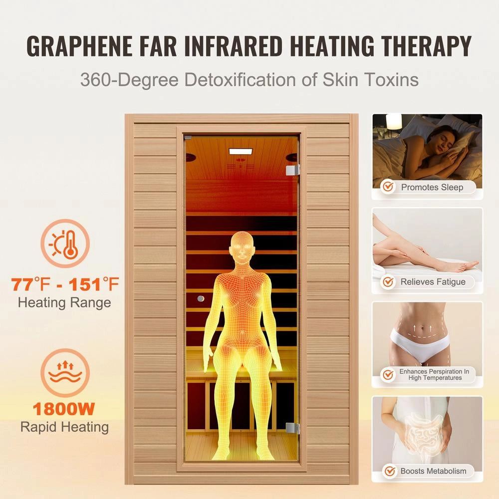 Sauna Infrarossi Lontani 2 Persone Legno Hemlock Basso EMF Vetro Temperato Bluetooth 1800W Interno