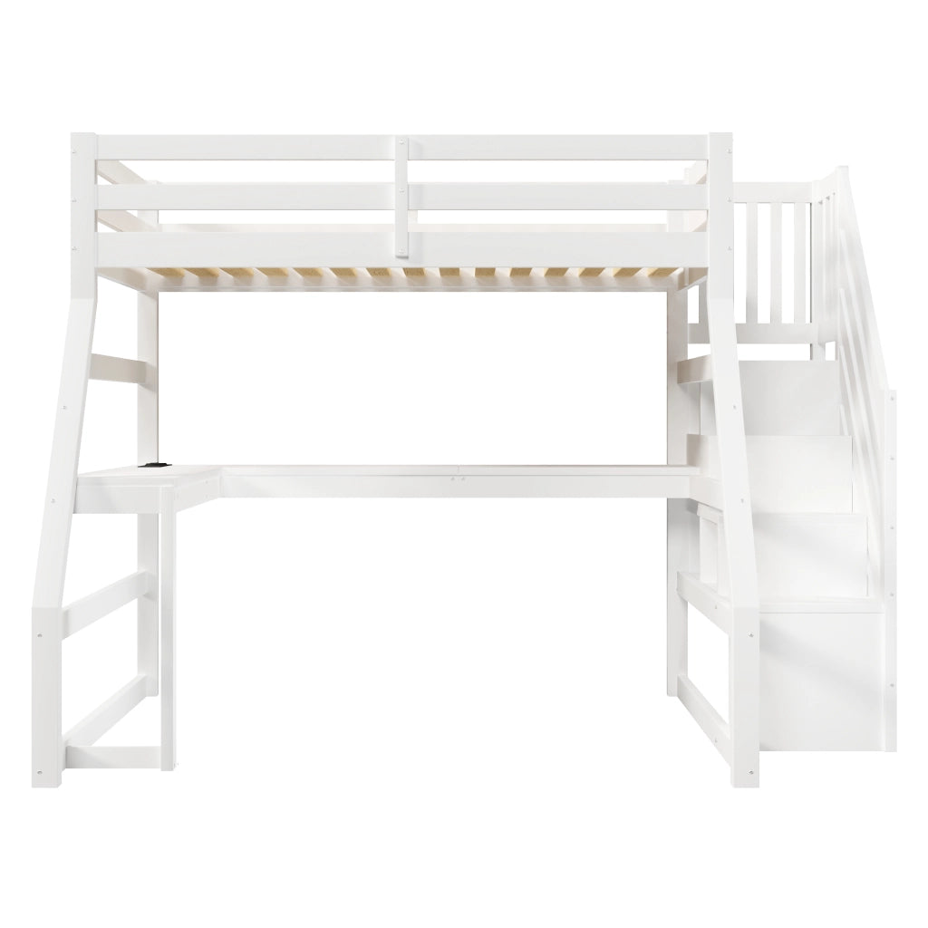 Letto a soppalco 90x200 cm, con scrivania, illuminazione a LED e porta USB, letto per bambini, bianco