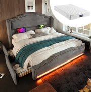 Letto imbottito 140x200 cm grigio con materasso, LED, USB-C e 4 cassetti