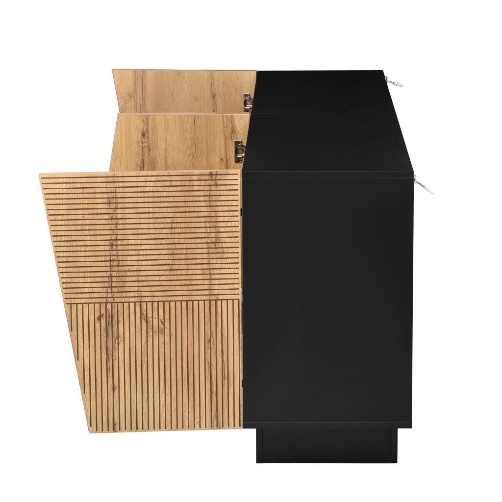 Credenza, mobile da ingresso, 4 ante, finitura effetto legno, ripiani regolabili, nero e color legno