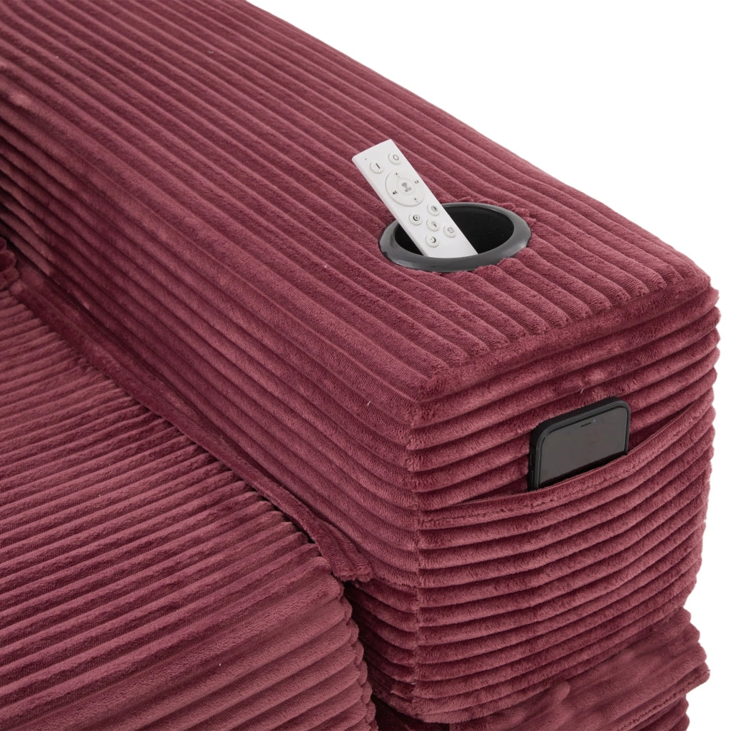 Divano letto modulare con tasche laterali e portabicchieri in velluto a coste rosso vino 122 × 98 × 80 cm