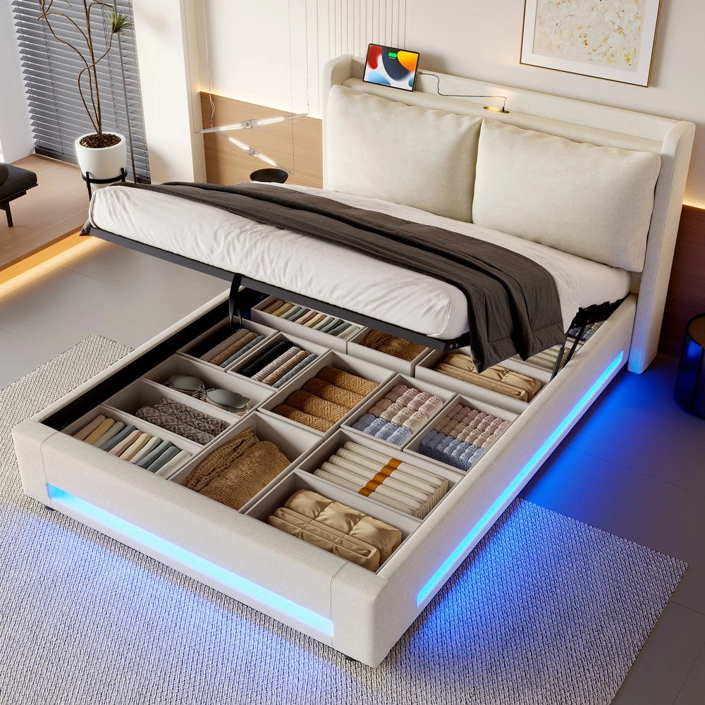Letto Imbottito Contenitore con LED e USB ¨C MINIMAL ¨C Velluto Beige 160x200