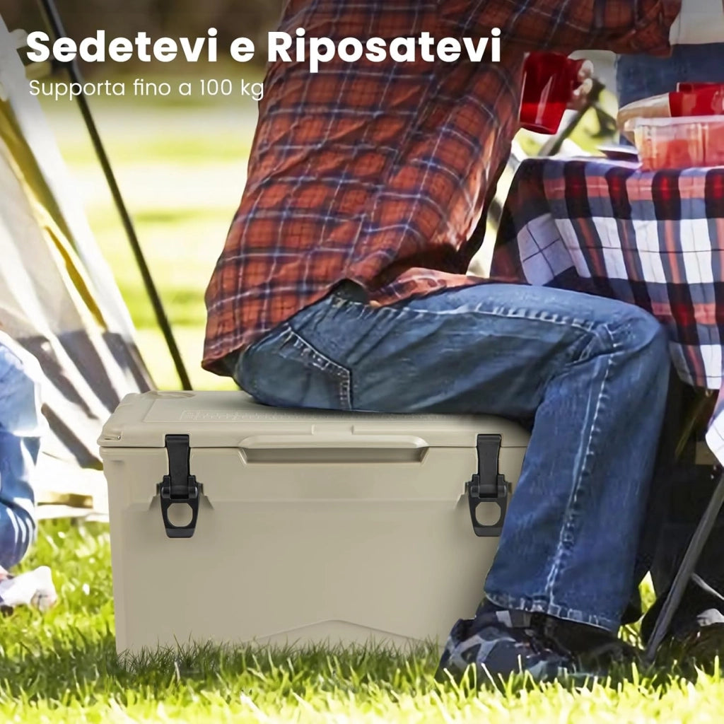 Frigorifero da Campeggio da 28 Litri, Frigo Portatile con Manico Resistente e Scarico, Freddo Fino 5-7 Giorni con Portabicchieri Integrati per Barbecue, Campeggio, Picnic, Pesca