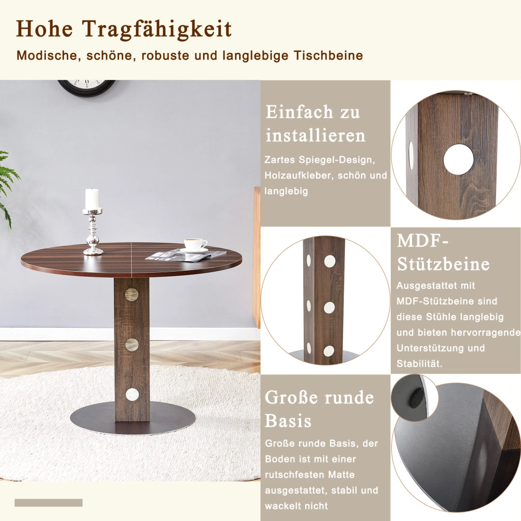 Tavolo da pranzo rotondo con piano effetto noce e base in metallo, per cucina e soggiorno, diametro 100 cm, altezza 76 cm