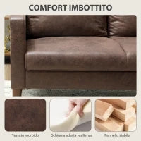 Divano 2 Posti Moderno con Rivestimento in Tessuto Effetto Pelle Traspirante e Gambe in Legno, 130x78x85 cm, Marrone Scuro