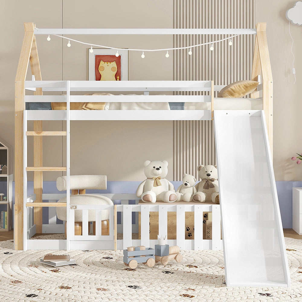 Letto a castello-Xylo-90x200cm, tetto, scivolo, scala, bianco+naturale