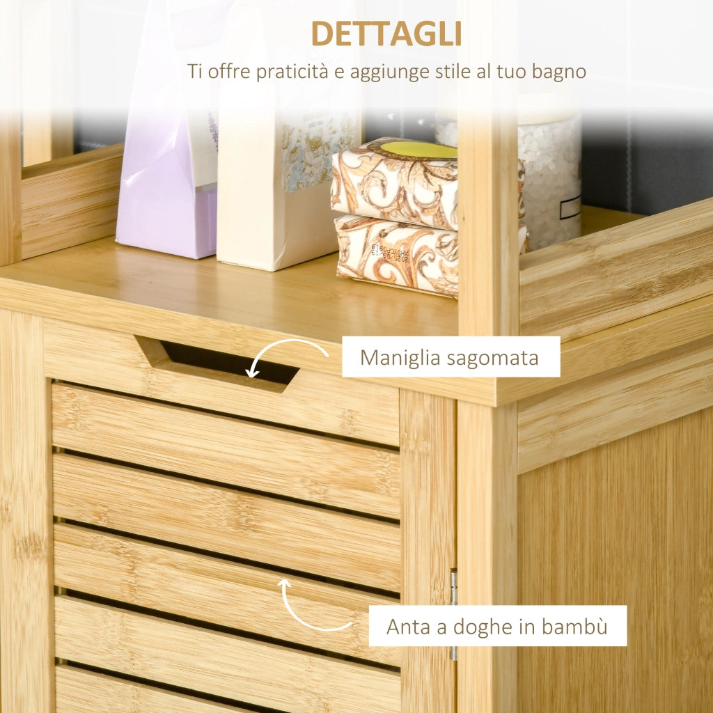 Mobile Bagno a Colonna in Bambù con 3 Ripiani e 1 Credenza Design a Doghe Salvaspazio 34x30x173cm