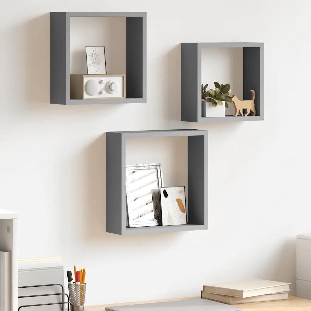 Mensole a Cubo da Parete 3 pz Grigie in MDF 323951
