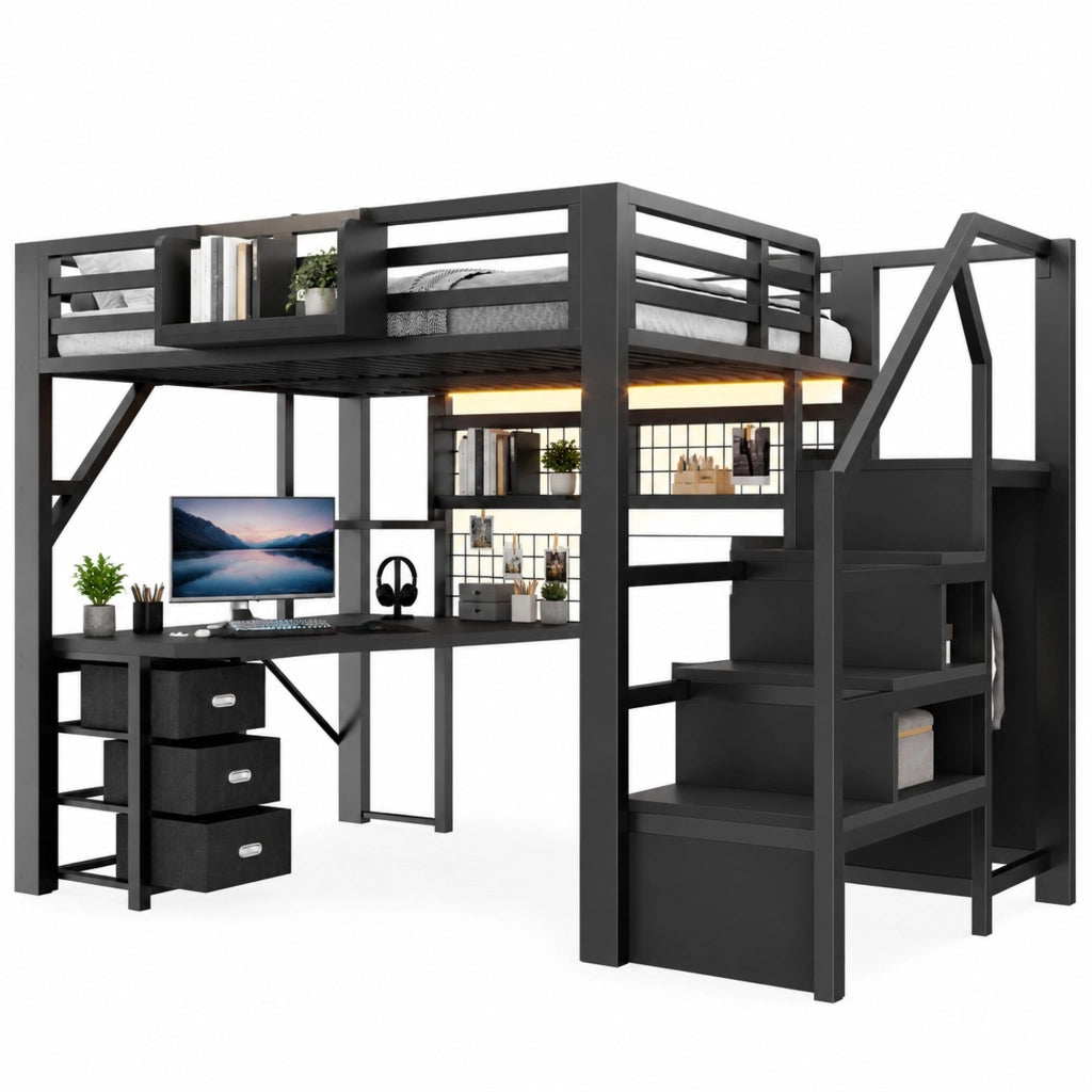 Letto a soppalco ULEVR 140x200 cm con scrivania, armadio, 3 cassetti e LED Bluetooth, nero