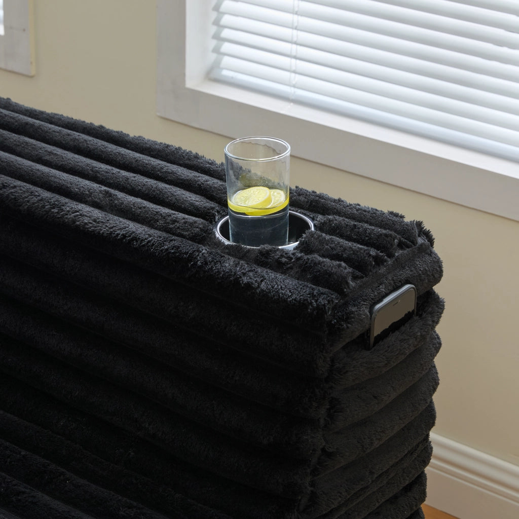 Divano modulare a U con portabicchieri e tasche laterali in velluto a coste nero con 4 cuscini 320 × 155 × 88 cm