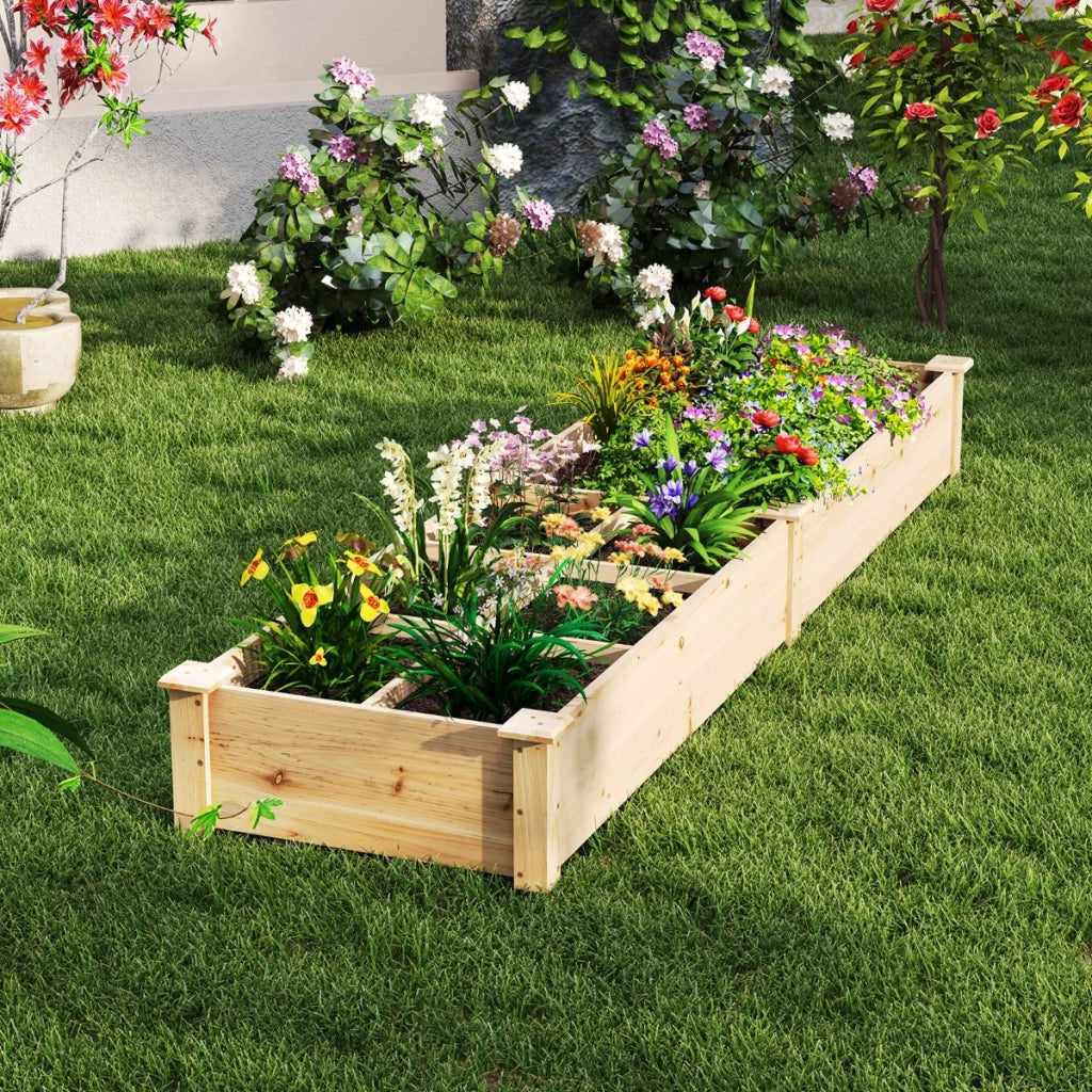 Lettino da giardino elevato in legno con 2 scatole per piante e separatori, Letto da giardino elevato per fiori verdure frutta e erbe Naturale