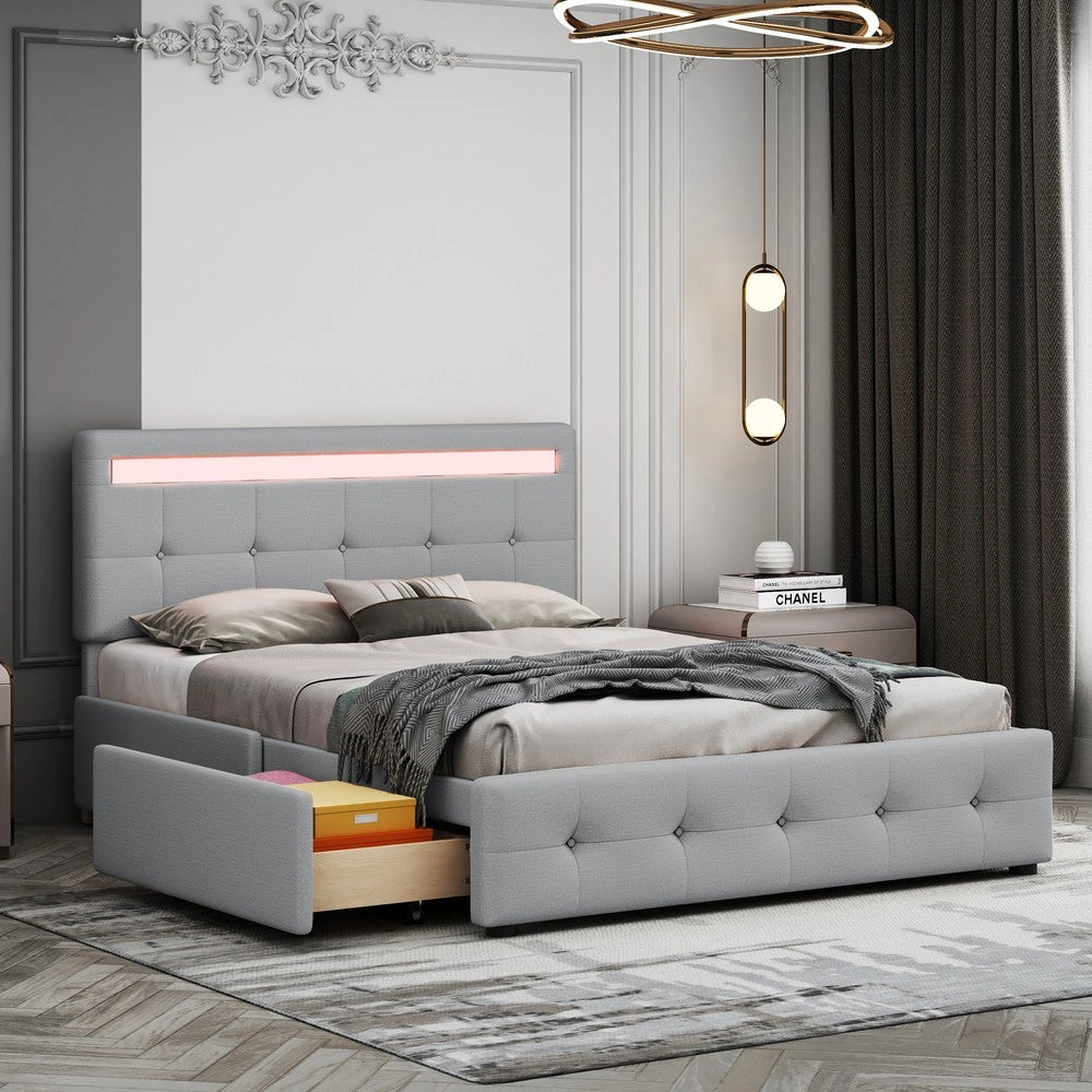 Letto Imbottito con LED, Cassetti e Contenitore ¨C MINIMAL ¨C Grigio 140x200