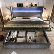 DESMIU Letto contenitore 160 × 200 cm 2 posti con LED, USB, Type-C, testiera alta, con materasso, grigio