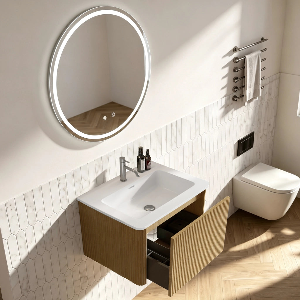 Mobile bagno con specchio LED sospeso con lavabo integrato e antiappannamento per bagno in MDF e solid surface rovere