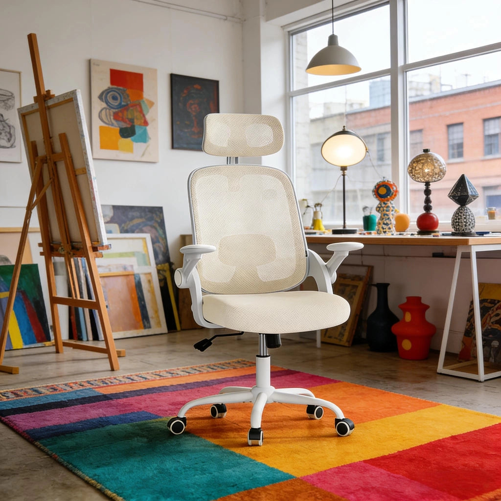 Sedia da ufficio ergonomica girevole con schienale alto, supporto lombare, braccioli 3D regolabili e rete beige
