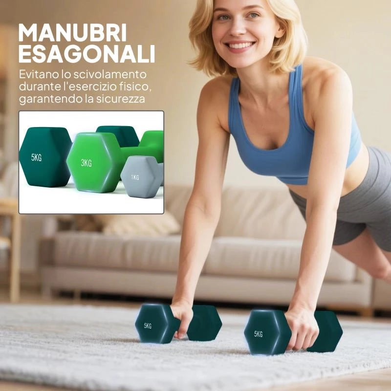 KIT PESI ESAGONALI DA 18 KG TOTALI CON SUPPORTO INCLUSO, IN ACCIAIO, METALLO E PLASTICA, MULTICOLORE