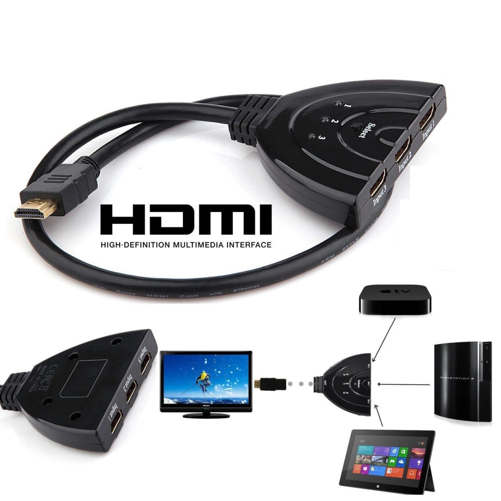 Trade Shop - Cavo Switch Hdmi 1080p 3 Porte Full Hd Tv Presa Multipla Sdoppiatore Adattatore -