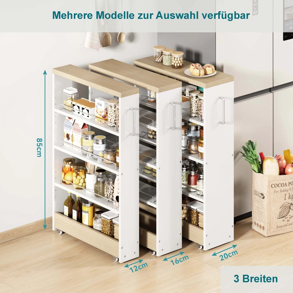 Carrello da cucina con 4 ripiani regolabili e 4 ruote per cucina e bagno in MDF bianco naturale 55 × 12 × 85 cm