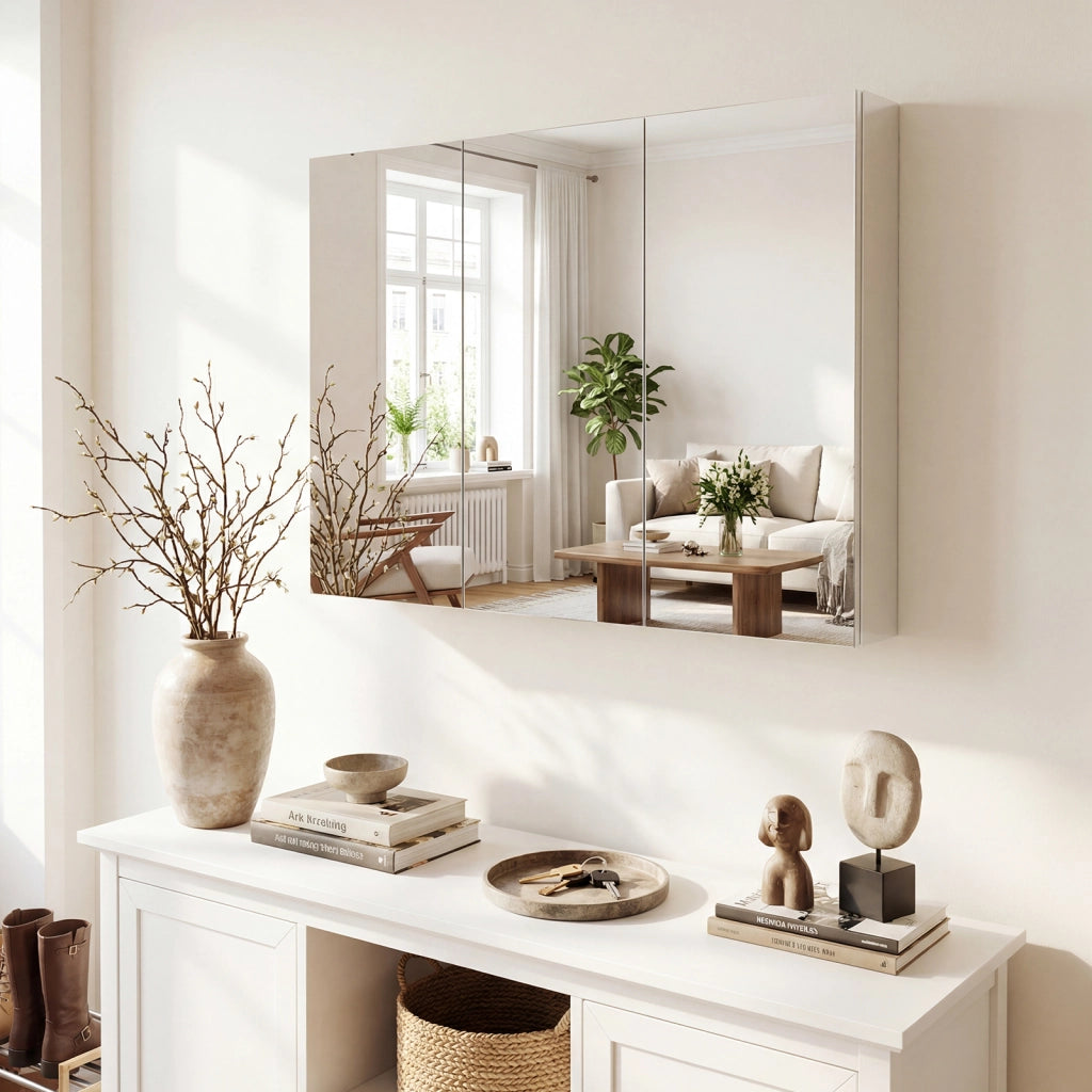 Armadietto bagno specchio 3 ante parete incasso medicinali 6 scomparti, Armadietto effetto legno struttura legno robusta 87cm