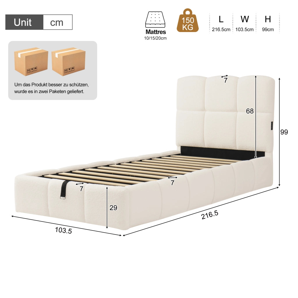 Letto singolo imbottito 90x200 cm con contenitore idraulico, rete a doghe, USB-C e rivestimento bouclé beige