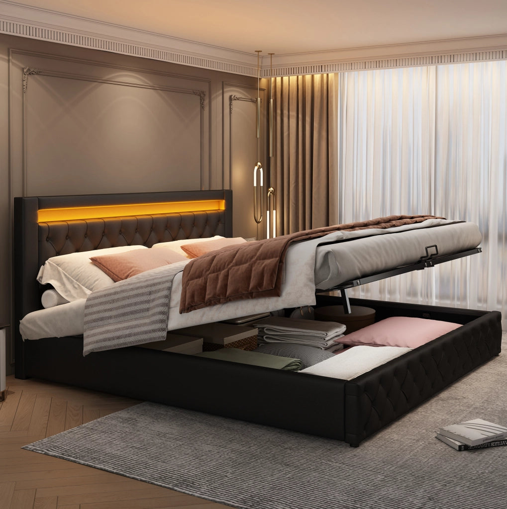 Letto imbottito 140 x 190 cm con contenitore e LED, nero
