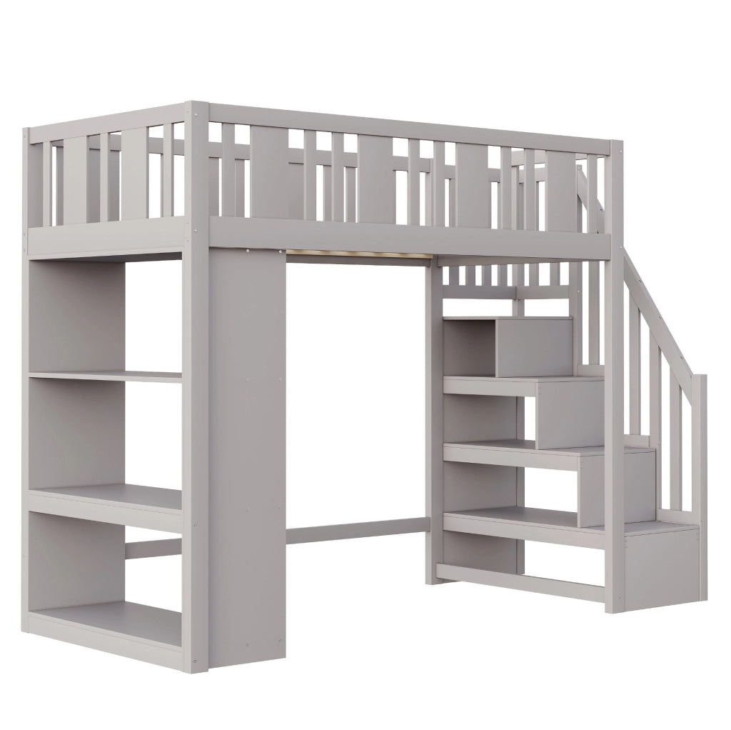 Letto a soppalco per bambini 90x200 cm con scala contenitore e 3 vani portaoggetti; legno grigio