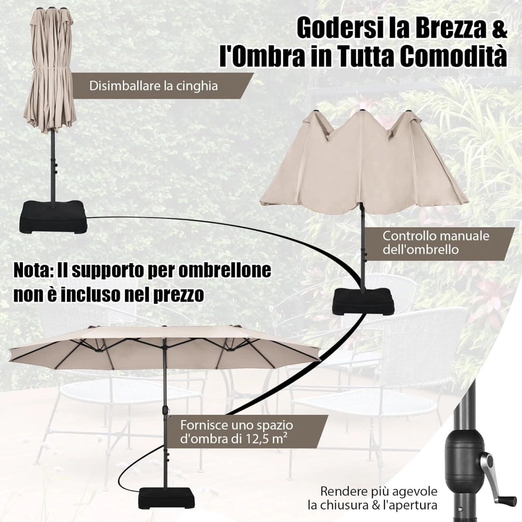 Ombrellone Doppio Giardino 470 cm, Rectangolare, Antivento, Protezione UV, Manovella, 12 Stecche, per Giardino Piscina Terrazza, 470 x 280 x 245 cm (Beige)