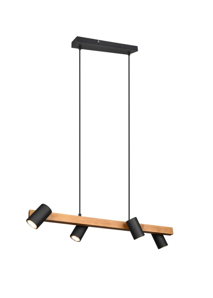 Lampadario Marley nero/legno 4 luci GU10 Trio h150cm
