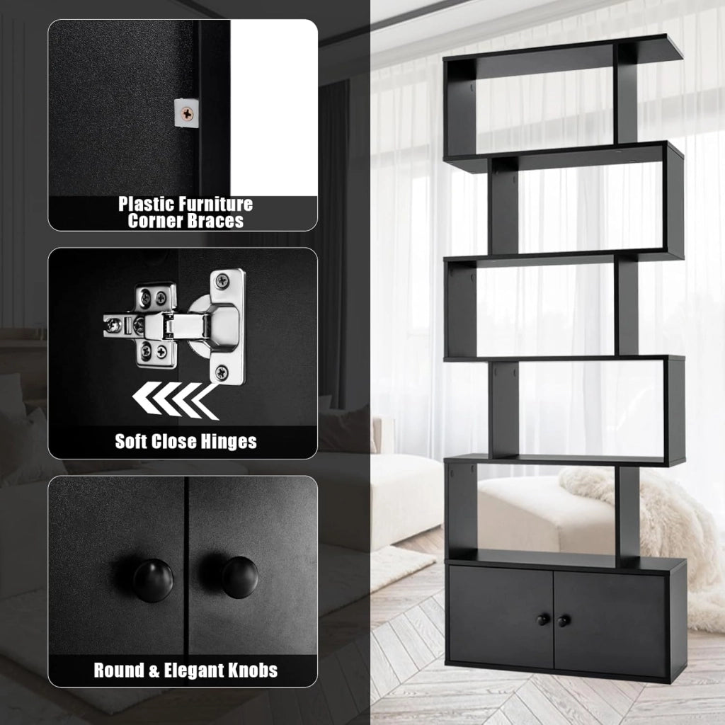 Libreria Scaffale a 5 Livelli, Libreria Verticale, Divisorio per Stanza, Armadietto con 2 Ante, Scaffale Salvaspazio e Multiuso per Soggiorno, Camera da Letto, 70 x 23 x 183 cm (Nero)