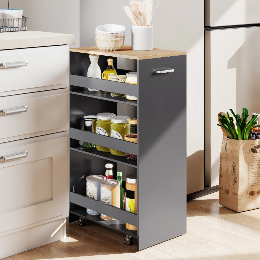 Carrello portaoggetti da cucina con maniglia ruote, Scaffale mobile salvaspazio con scaffali stretti 47,5 x 30 x 80,5 cm Grigio