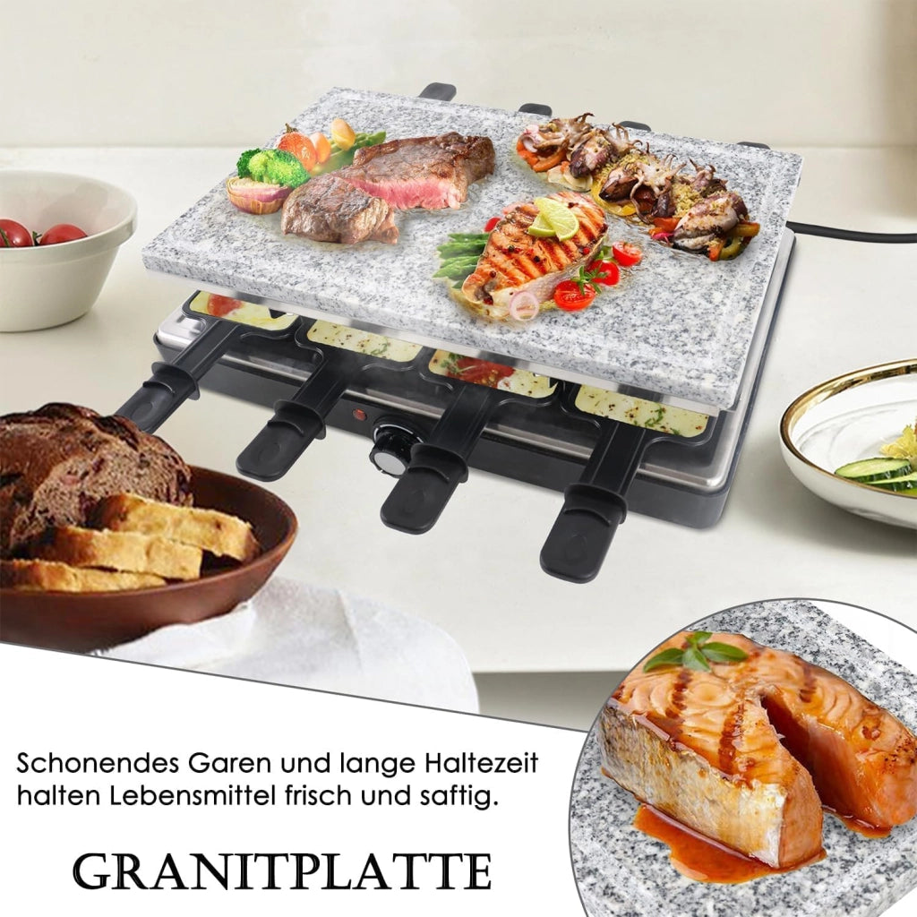 Raclette Grill per 8 persone, 1400 W, con 2 piastre in granito e 2 piastre antiaderenti, regolabile, moderno, acciaio inossidabile