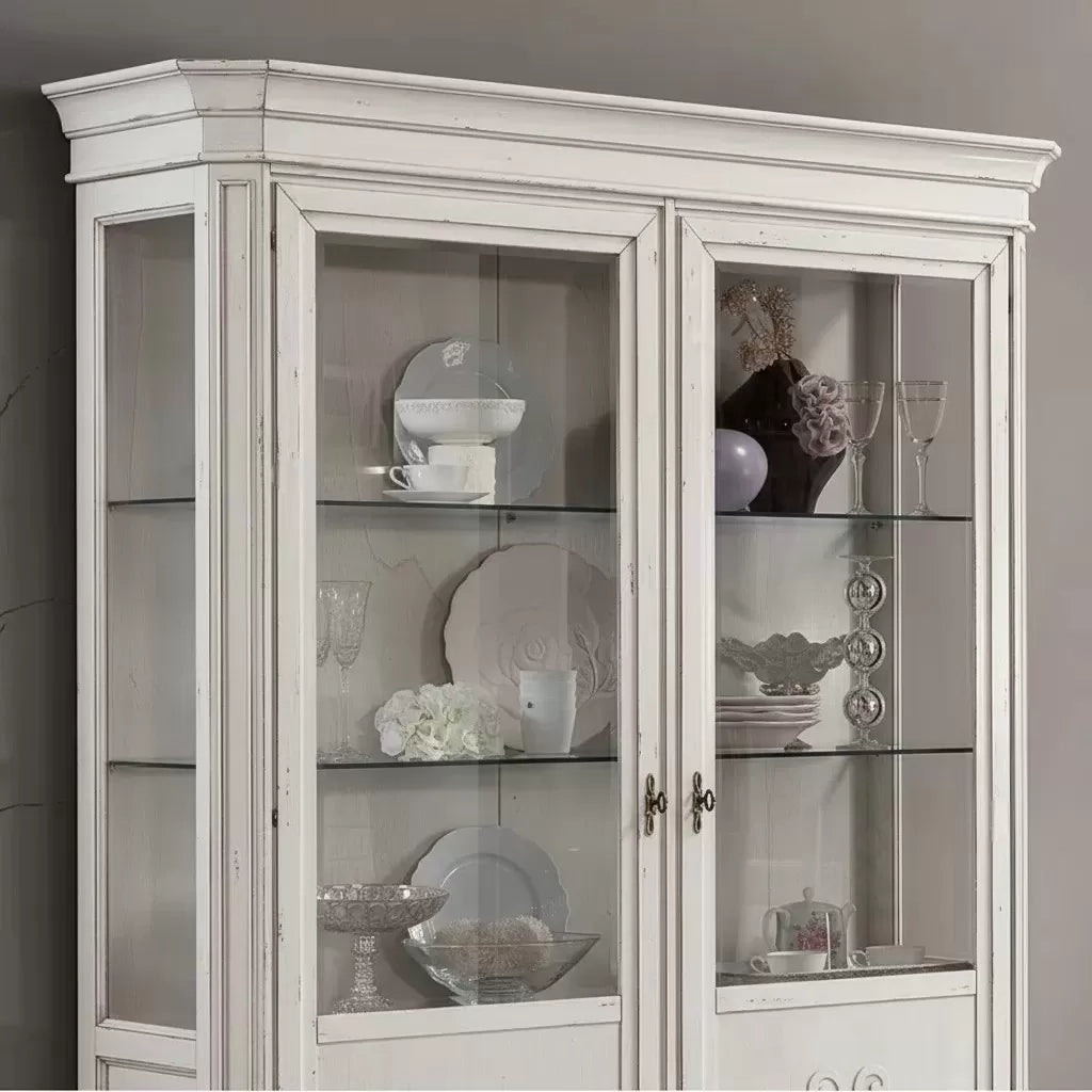 Vetrina classica 2 porte intarsio legno bianco anticato rilievi 162x54x217 - Mobili 2G