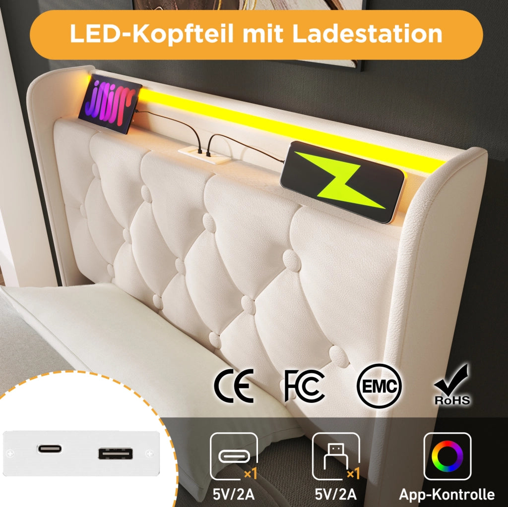 Letto singolo 90x200 cm in PU bianco con LED; USB e Type-C; contenitore idraulico