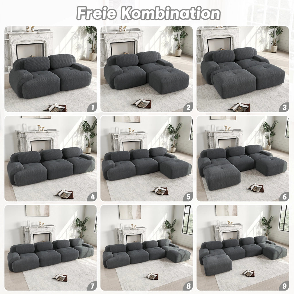 Divano angolare modulare senza struttura in tessuto a coste con braccioli curvi, Grigio 208 × 103 × 70 cm