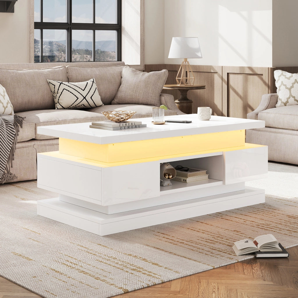Tavolino basso sollevabile con LED, 2 cassetti e vano nascosto, per soggiorno, in truciolare, bianco, 100 × 50 × 40 cm